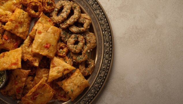 Traditional Indian savory snack platter with nimki namak pare methi mathi