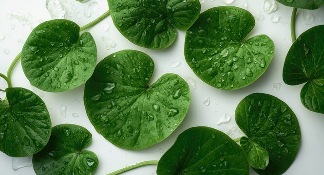 Top view of fresh centella asiatica leaves with water droplets on white background