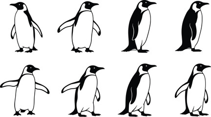 Eight penguin illustrations in varied poses and orientations arranged in two rows highlighting wing positions, body posture, shading, and artistic diversity © urmilarani