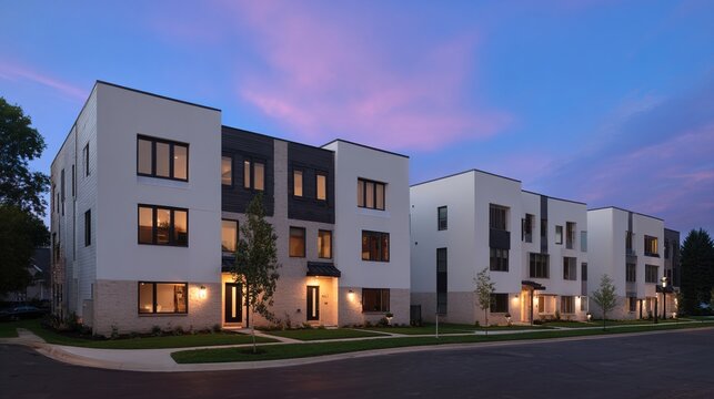 suburban. Contemporary sustainable homes bathed in golden hour light, highlighting eco-friendly living. ESG reports.