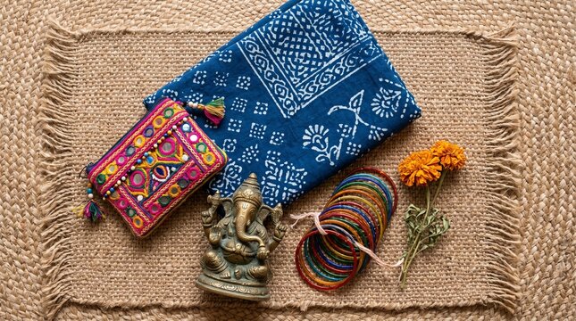 Traditional Indian cultural flat lay with blue bandhani cloth, embroidered pouch, brass Ganesha statue, colorful bangles and marigolds.