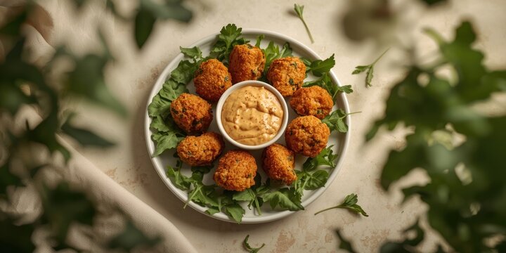 Crispy Vegetarian Nuggets Served with Creamy Vegan Dip and Rocket Leaves on a Light Background