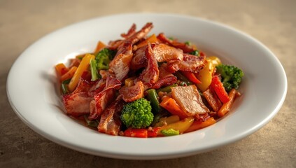 Fototapeta premium Healthy stir fry of seasonal vegetables tossed with bacon and thin pork belly slices