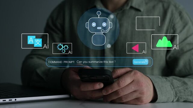 AI agent and artificial intelligence assistant with chatbot communication,smart content generation, prompt engineering,digital marketing tools,futuristic business automation technology.