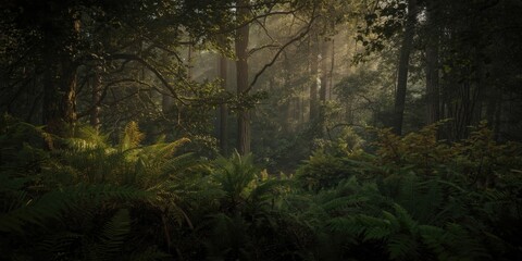 Obraz premium Rich forest landscape filled with flourishing greenery and subtle shadows