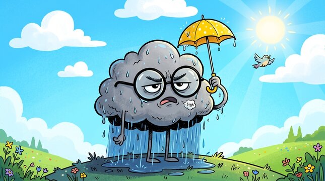 Grumpy cartoon rain cloud with glasses and yellow polka-dot umbrella stands in a puddle raining on itself in a sunny flower field.