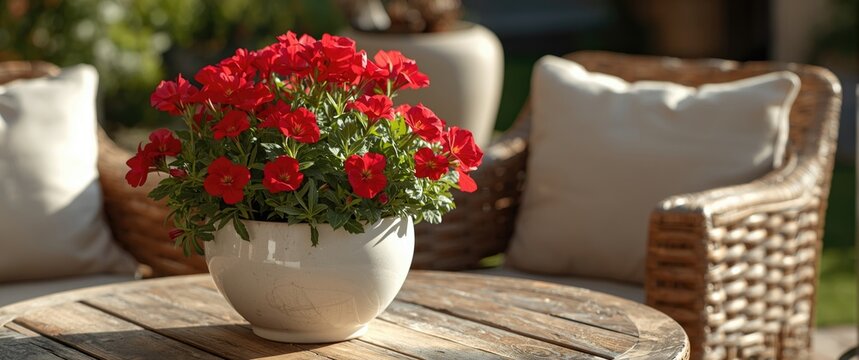 Red geranium flowers thriving in a smooth white pot atop a garden table flanked by comfortable wicker seating