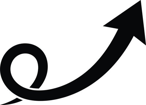 Black arrow icon with a curly loop pointing upwards representing growth and success