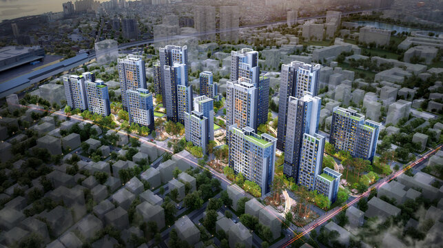 3d architectural rendering of modern residential buildings in the city
