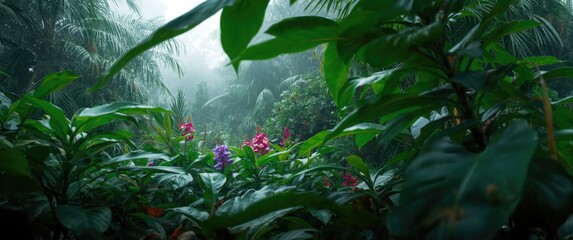 Obraz premium Lush monsoon scenery featuring vibrant plants and blooming colorful flora