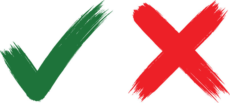 Green check mark and red cross mark symbols with a rough hand painted brush stroke texture