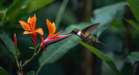 Obraz premium Vibrant hummingbird feeding on bright orange tropical flower in lush forest