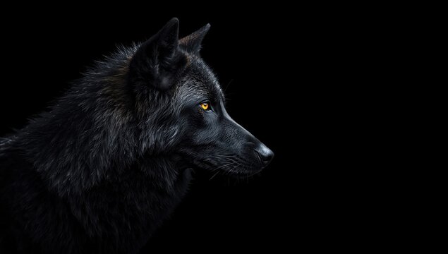 Intimate close up of a black wolf facing left with a dark empty background for captions