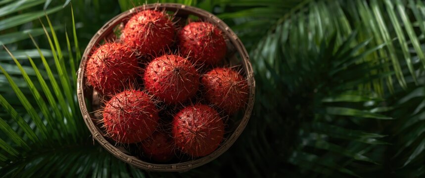 Intimate view of fiery red babassu coconuts settled in a rustic basket amid tropical palm foliage