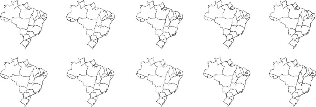 Ten identical Brazil country outline drawings arranged in two rows, featuring internal state borders for geographic pattern, mapping, and educational design concepts