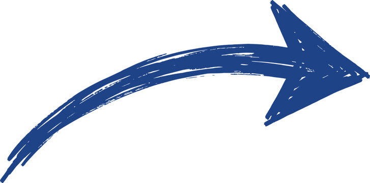 Hand drawn blue arrow pointing to the right made with a rough crayon texture