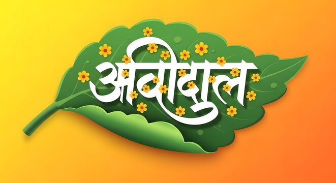 Vibrant indian typography on a green leaf with yellow flowers