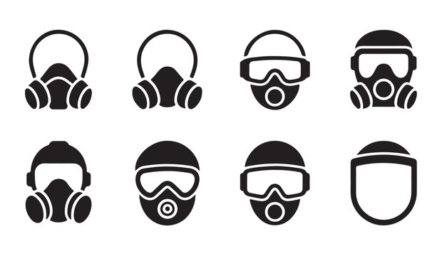 Gas mask protective icon set. respiration face cover symbol. air filter respirator kit.