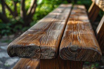 Obraz premium Wooden bench planks showcasing weathering and wood grain, creating a rustic outdoor scene