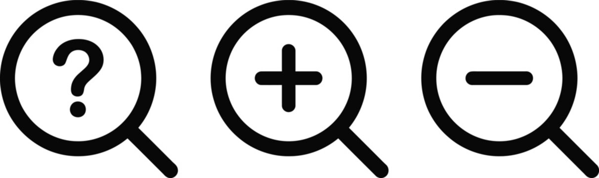 Set of zoom search magnifiers with question mark plus and minus signs for web and app interface