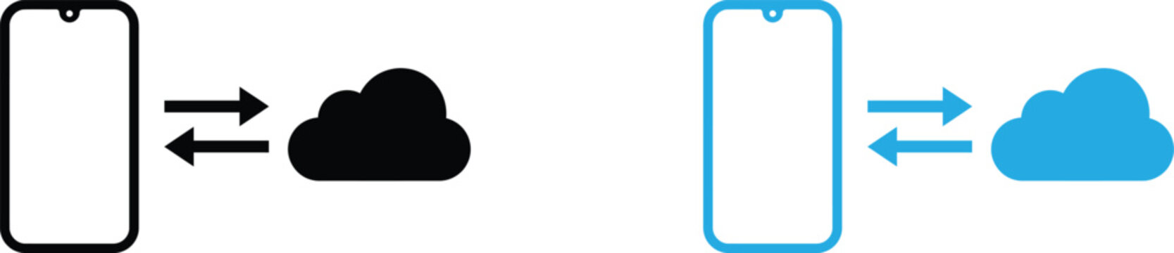 Smartphone data sync icon set with cloud storage connection and transfer arrows
