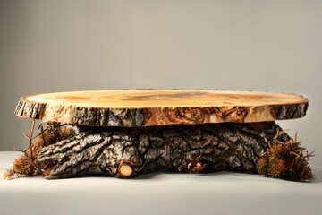 Obraz premium Round wooden cake stand atop a rustic log base, creating a natural and beautiful display for desserts or other items