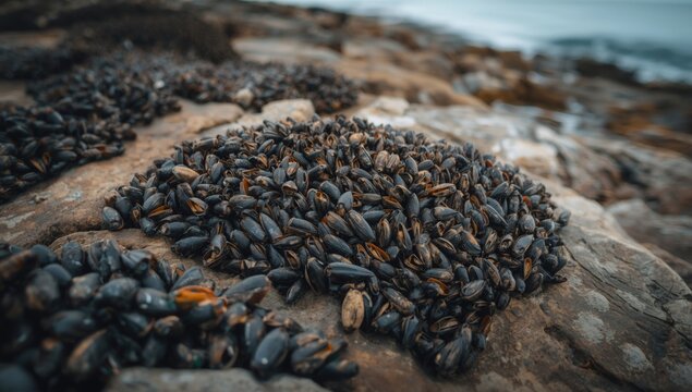 Coastal ecosystem featuring dense mussel growth on sea rocks