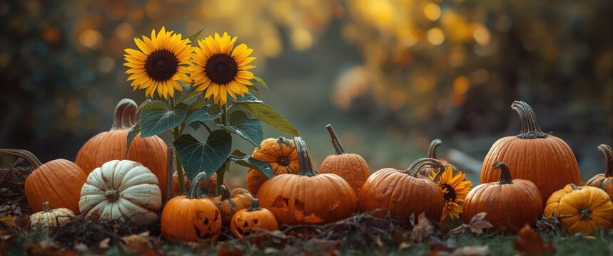 Warm autumn tableau with sunflowers and carved pumpkins