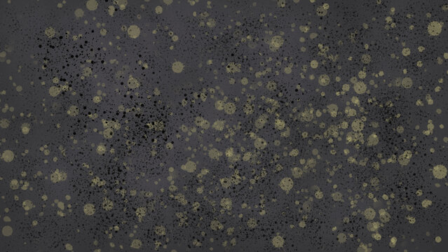 Wide-format dark charcoal grey background with scattered gold and khaki paint splatter dots in varying sizes. Organic grunge aesthetic with fine speckles and larger blobs creating depth and visual tex