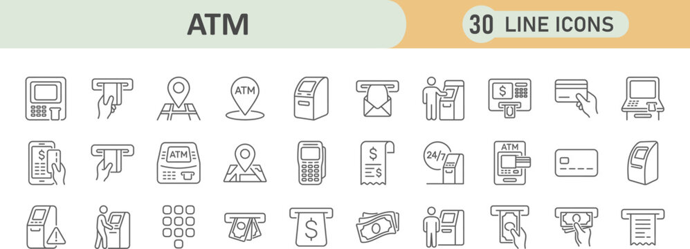Set of 30 atm and banking services thin line vector icons with atm machine withdrawal transaction business currency checkout commerce technology transfer financial terminal investment