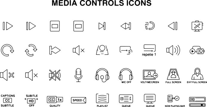 Media controls icons set collection.