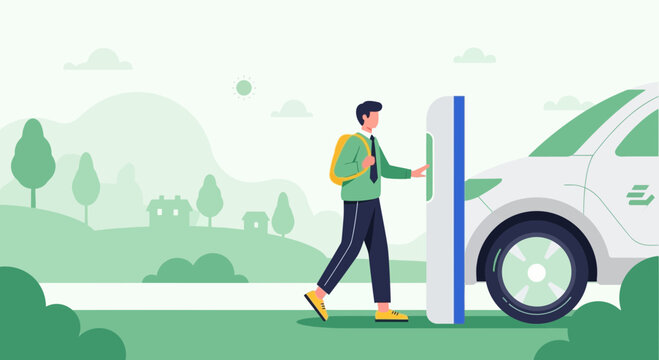 Man charging electric car green technology future urban lifestyle sustainability