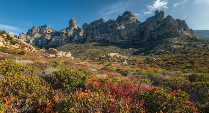 Stunning rocky mountain terrain with colorful fynbos shrubbery under clear sky