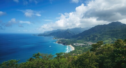 Fototapeta premium Scenic coastal landscape with mountains and lush greenery under a vivid blue sky