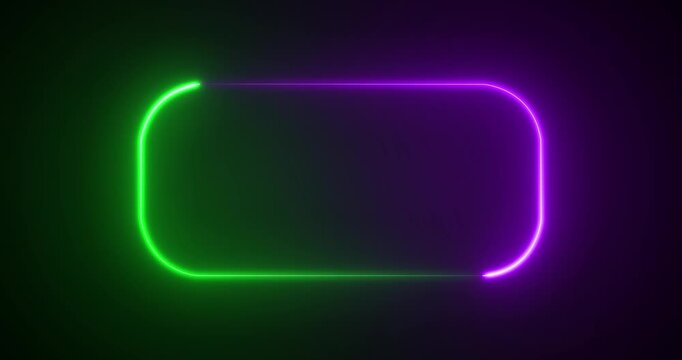 Neon glowing rounded rectangle picture frame icon animation. Glowing two color neon box round shape screen rotation border frame on a black background