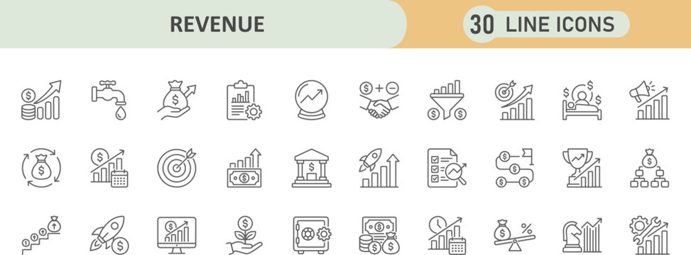 Set of 30 revenue and business growth line icons with business investment accounting analysis corporate marketing planning strategy financial management commerce increase performance