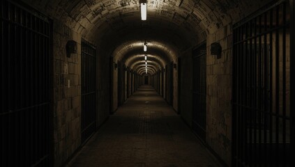 Obraz premium Torch-lit dark underground detention cells offering copy space