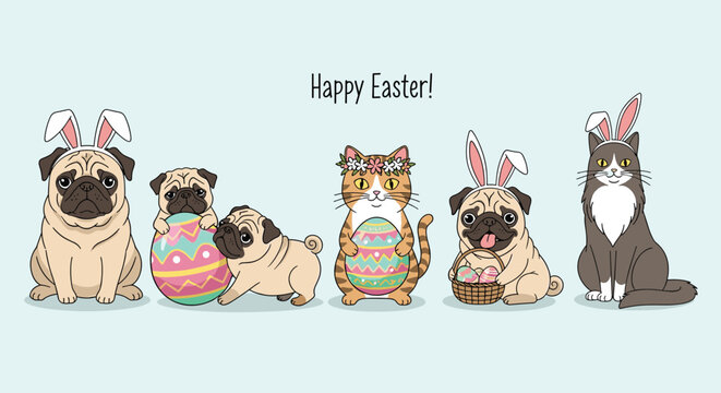 Adorable pugs and cats wearing bunny ears and floral crowns celebrate Easter with colorful decorated eggs on a light blue background.