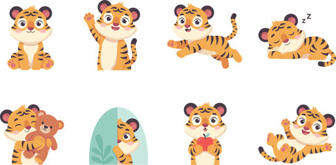 Fototapeta premium Cute cartoon tiger cub vector set for children's room decoration isolated on white background