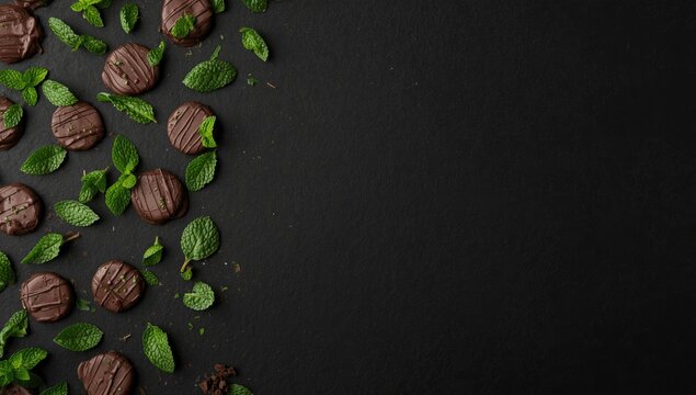 Overhead shot of thin mint chocolate cookies and fresh mint leaves scattered on a dark matte backdrop with copy space