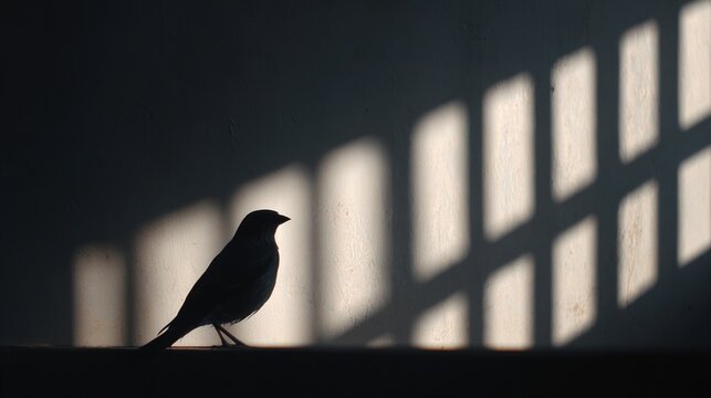 imprisonment. Silhouette of a caged bird with barred shadows on a wall, high contrast. wellbeing guides, coaching materials, designed for mental health education and mindfulness programs.