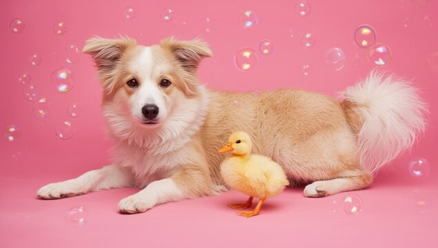 Playful canine relaxing on a bright pink backdrop with a small yellow duckling and dancing soap bubbles