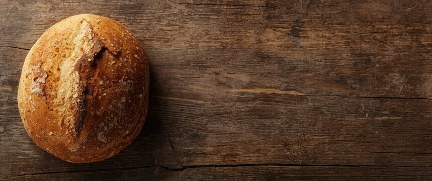 crusty bread on aged wooden board background with ample copy space for design