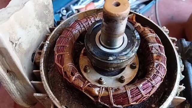 Extreme close-up of a flood-damaged electric motor's stator coil and rotor, completely covered in mud and trapped water.