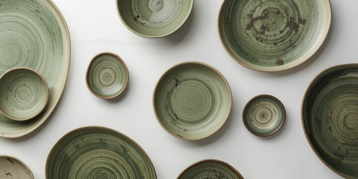 rustic style green ceramic dish set arranged on a crisp white backdrop