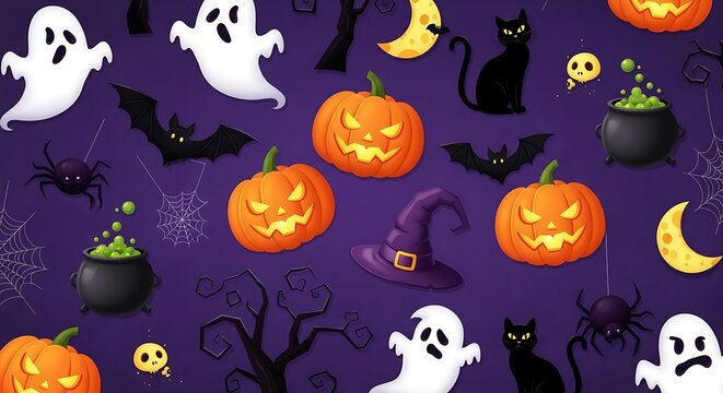 Halloween pattern ghosts pumpkins bats and spooky elements for festive designs