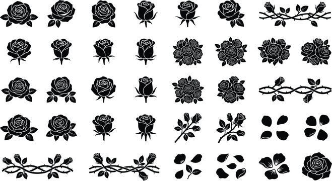 Black Rose Silhouette and Floral Design Element Vector Set with Blooming Flowers Buds Thorny Vines and Falling Petals Graphic Illustration