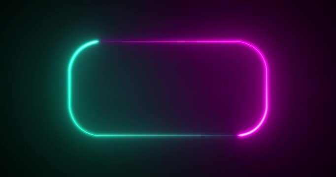 Neon glowing rounded rectangle picture frame icon animation. Glowing two color neon box round shape screen rotation border frame on a black background
