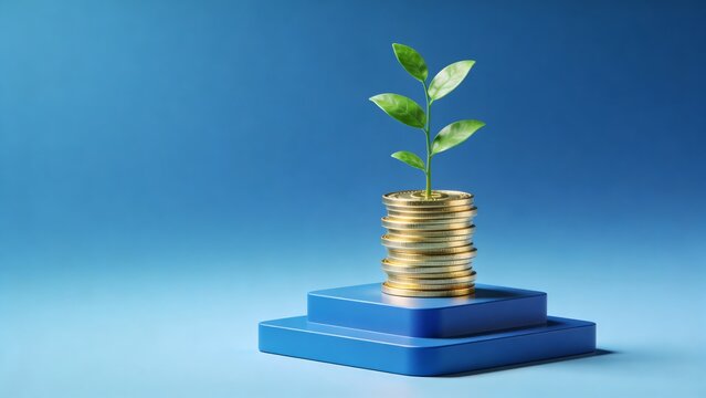 Generative AI illustrates financial growth with a plant sprouting from stacked coins