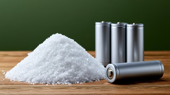 Pile of white mineral powder next to silver batteries on a wooden table, representing lithium or sodium raw materials for energy storage